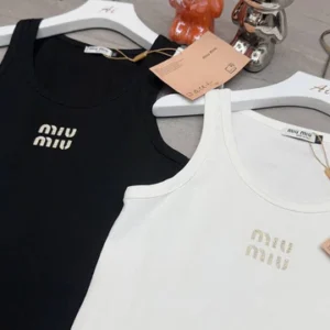 Miu Miu Crystal Embroidered Logo Ribbed Knit Tank Top