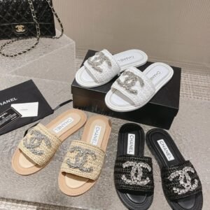 Chanel CC Woven Tweed Beach Slippers Sandals