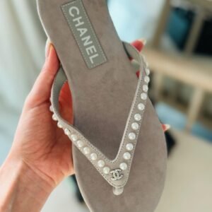Chanel Pearl Kids Thong Faux Suede Sandals