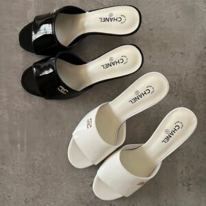 Chanel Patent Leather CC Pearle Heel Slide Sandals