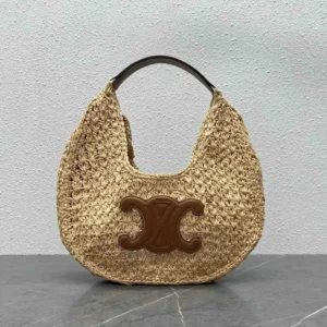 Celine Classic Panier Hobo Bag In Raffia And Calfskin