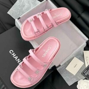 Chanel CC Crystal Leather Triple Strap Slides Sandals