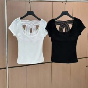 CHANEL Lace Back Detail Short Sleeve Scoop T-Shirt