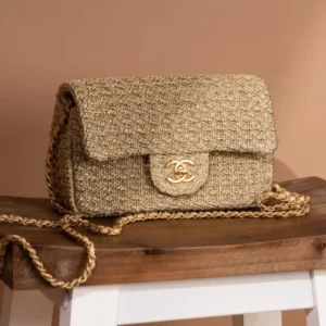 Chanel Tweed Fabric Raffia Crochet Flap Bag