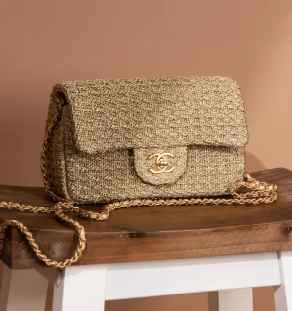 Chanel Tweed Fabric Raffia Crochet Flap Bag