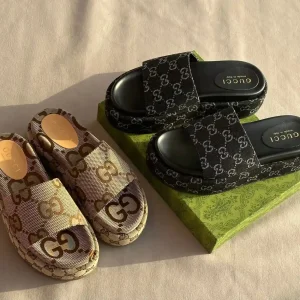 Gucci Angelina Platform Slides In GG Canvas