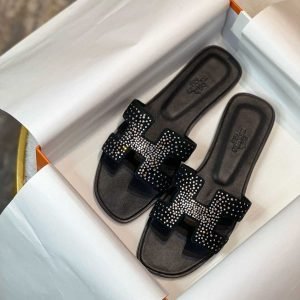 Hermes Black Crystal Embellished Oran Flat Slides Sandal