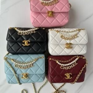 Chanel Shiny Lambskin Quilted Mini Pearl Logo Flap Bag