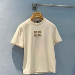 Miu Miu Crew-neck Logo Embroidery Cotton Jersey T-shirt