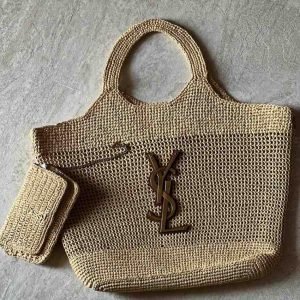 Ysl Embroidered Natural Raffia Icare Tote